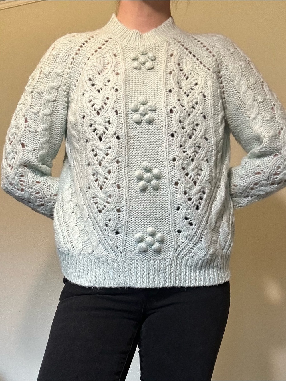 J.Crew Cable Knit Pointelle Popcorn Flowers Alpaca Wool Mix Sweater EUC M